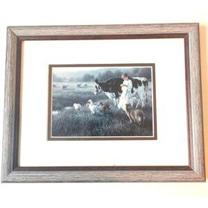VINTAGE Robert Duncan Print "Out in the Pasture" Girl Cow Geese Farmhouse